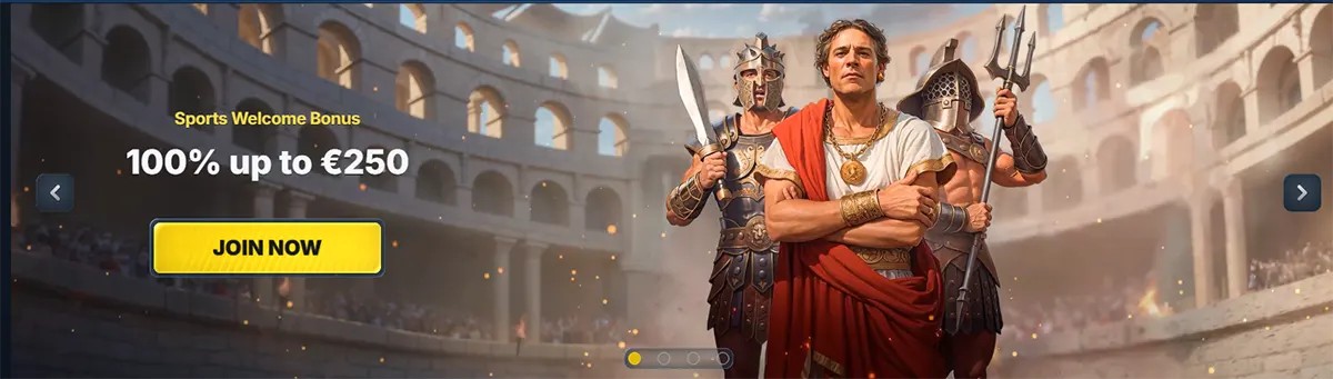 Sports welcome bonus banner offering “100% up to €250” with a yellow “Join Now” button, set in a Roman colosseum scene featuring a leader in a red toga flanked by two armoured gladiators.