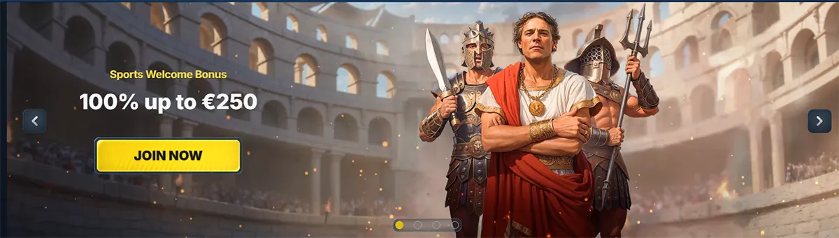 Sports welcome bonus banner offering “100% up to €250” with a yellow “Join Now” button, set in a Roman colosseum scene featuring a leader in a red toga flanked by two armoured gladiators.