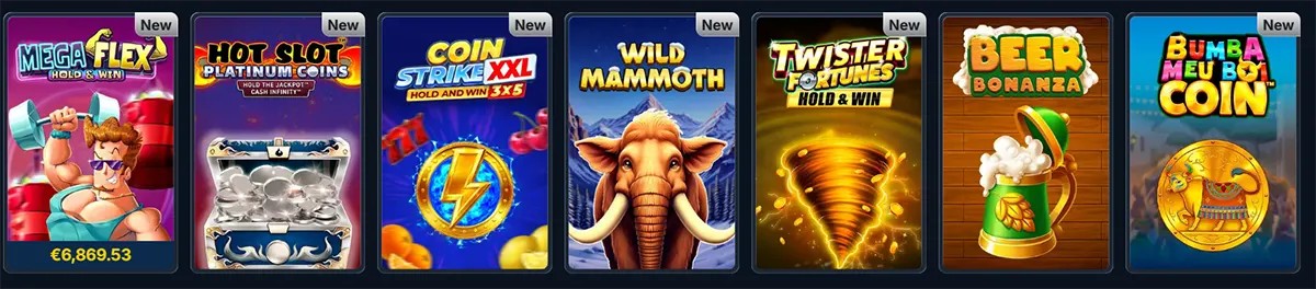 Row of “New” slot game tiles in a casino lobby, including Mega Flex Hold & Win (with jackpot amount), Hot Slot Platinum Coins, Coin Strike XXL, Wild Mammoth, Twister Fortunes Hold & Win, Beer Bonanza, and Bumba Meu Boi Coin, shown as colourful cover art cards.