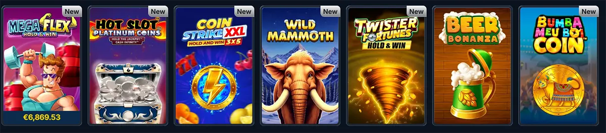 Row of “New” slot game tiles in a casino lobby, including Mega Flex Hold & Win (with jackpot amount), Hot Slot Platinum Coins, Coin Strike XXL, Wild Mammoth, Twister Fortunes Hold & Win, Beer Bonanza, and Bumba Meu Boi Coin, shown as colourful cover art cards.