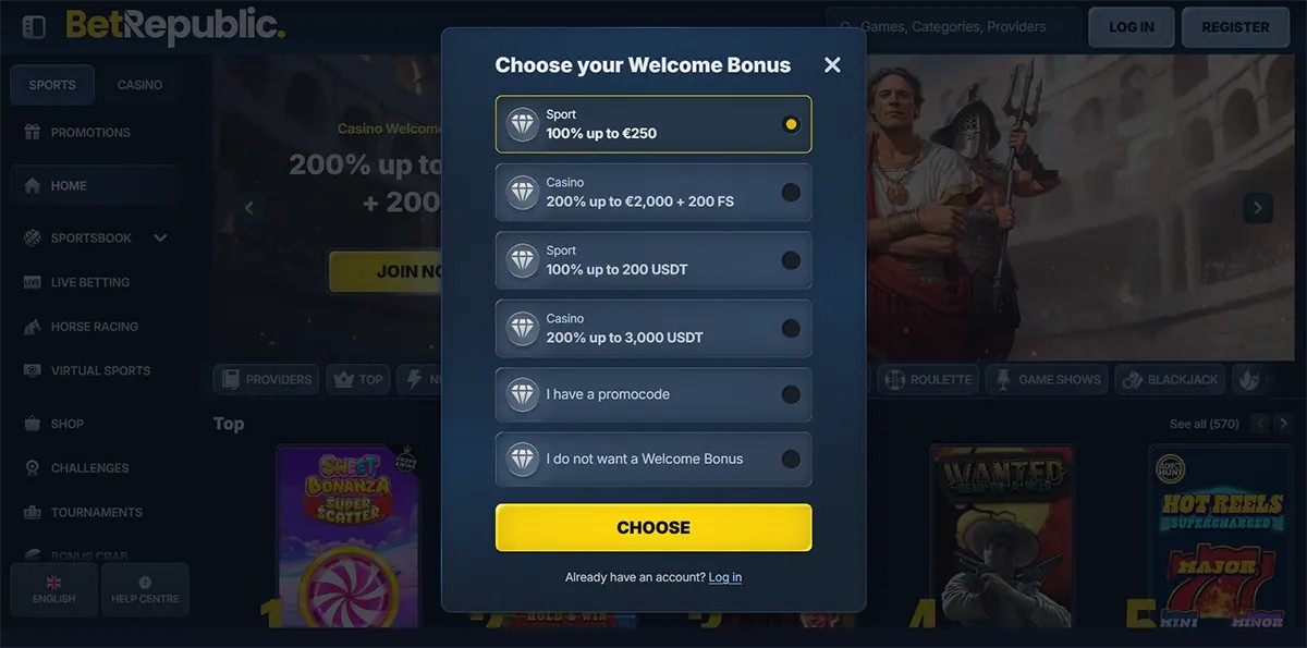 BetRepublic site screenshot with a pop-up titled “Choose your Welcome Bonus,” listing options for Sports and Casino bonuses (e.g., 100% up to €250, 200% up to €2,000 + 200 FS, USDT offers), plus a promo code option and a large yellow “Choose” button.