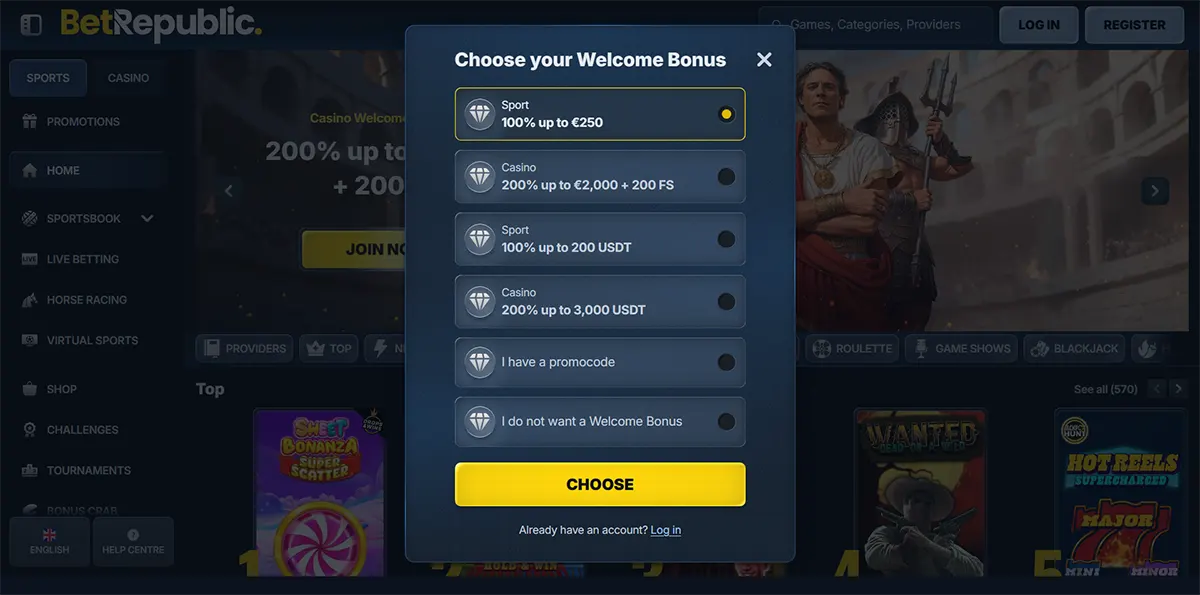 BetRepublic site screenshot with a pop-up titled “Choose your Welcome Bonus,” listing options for Sports and Casino bonuses (e.g., 100% up to €250, 200% up to €2,000 + 200 FS, USDT offers), plus a promo code option and a large yellow “Choose” button.